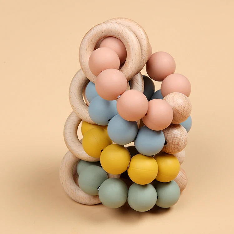 20mm High Quality Silicone Beads Teething Chew Toy Baby Wooden Teether Ring Soft Toy 9*7.5*4cm DL13-034 Eco Friendly CN;GUA 55g