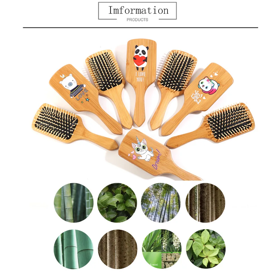 Natural Bamboo Paddle Hair brush with Printing Pattern Detangler Hair Brush for Women