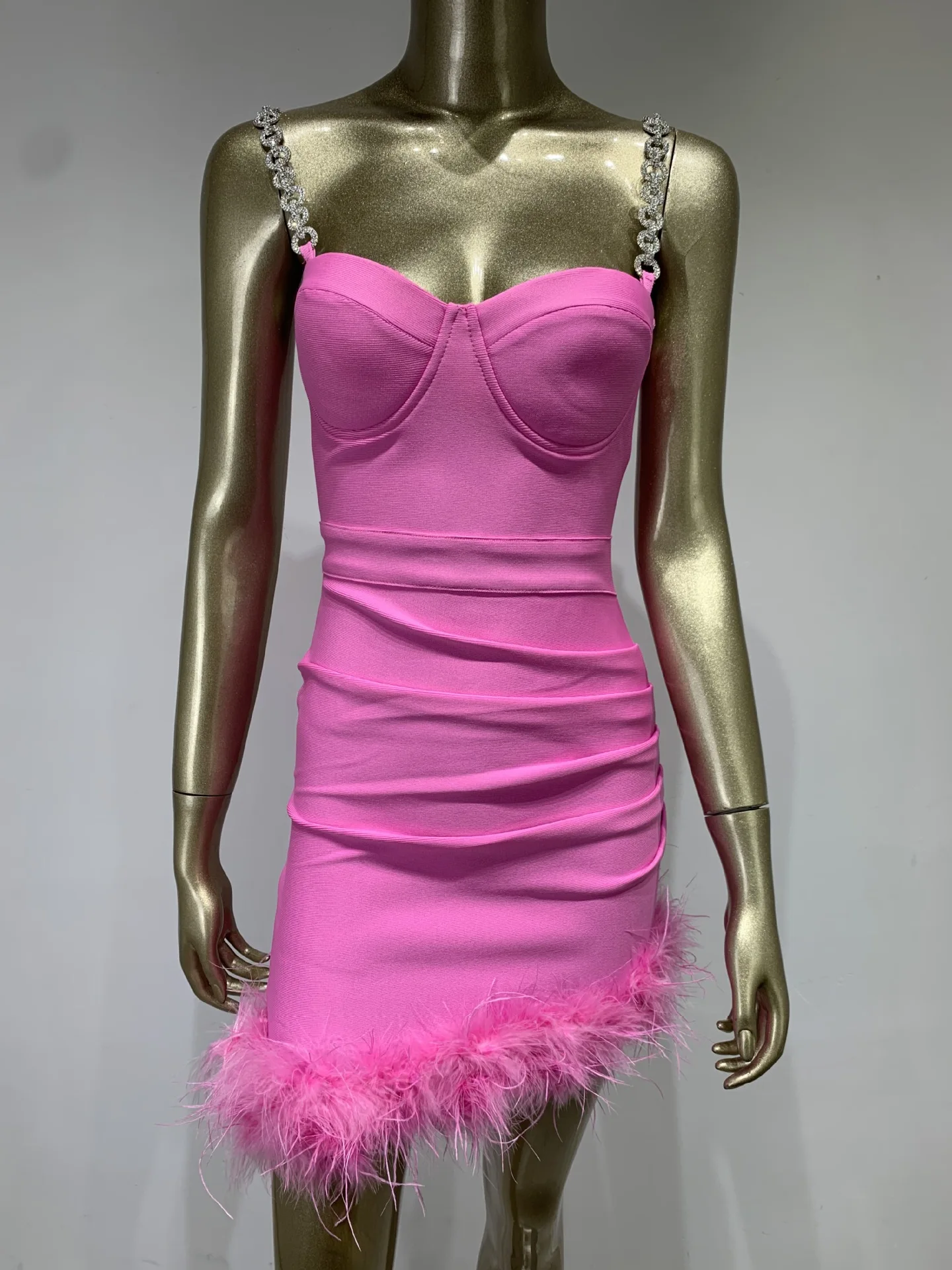 Hot Sale Bandage Skirt European American Fashion Long Tight-Fitting Pleated Feather Stitching Solid Print Mesh Dress