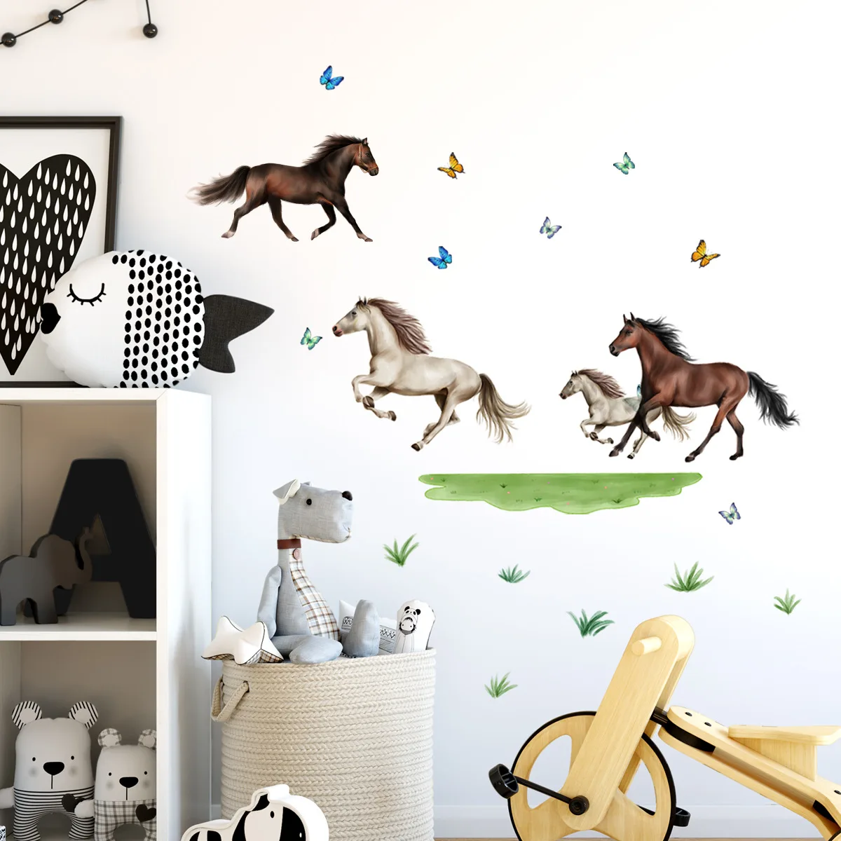 Running Horses Grass Butterfly Wall Stickers For Bedrooms Living Rooms Background Wall Decorative Wall Decals Self-adhesive PVC
