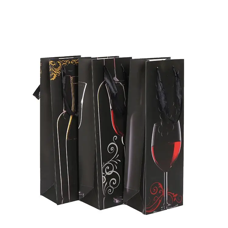 Factory wholesale recycled black recycled paper wine bottle carry packaging  gift bags with custom logo printing