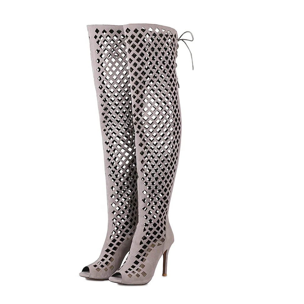 Женские сапоги выше колена, босоножки-гладиаторы с открытым носком, на шпильке, молнии, с вырезами, обувь для зачистки