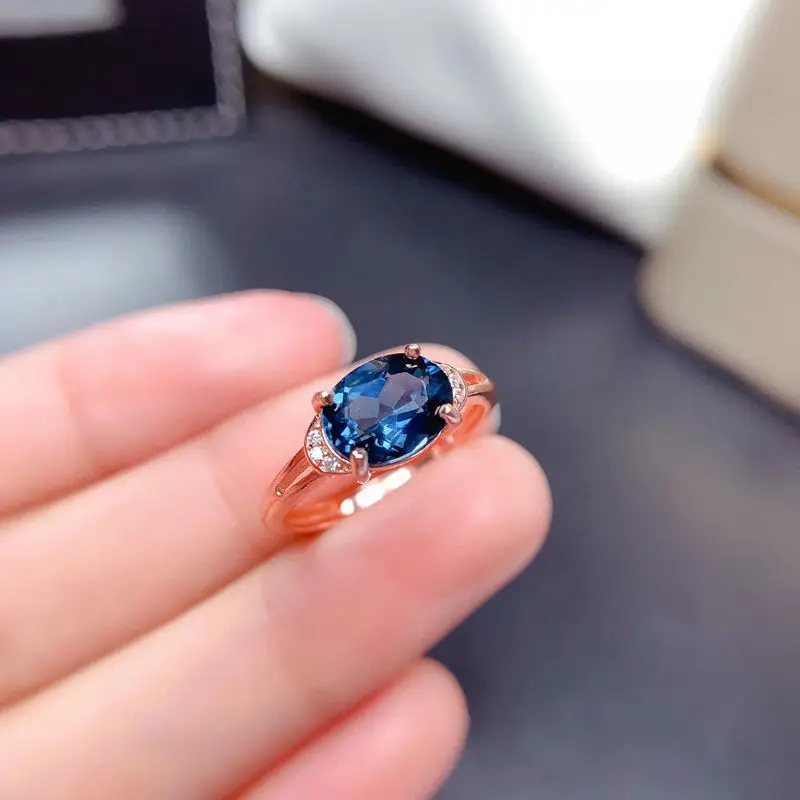 High Quality Natural London Blue Topaz Ring for Women S925 Silver Japan Korean Fashion Sapphire Crystal Ring