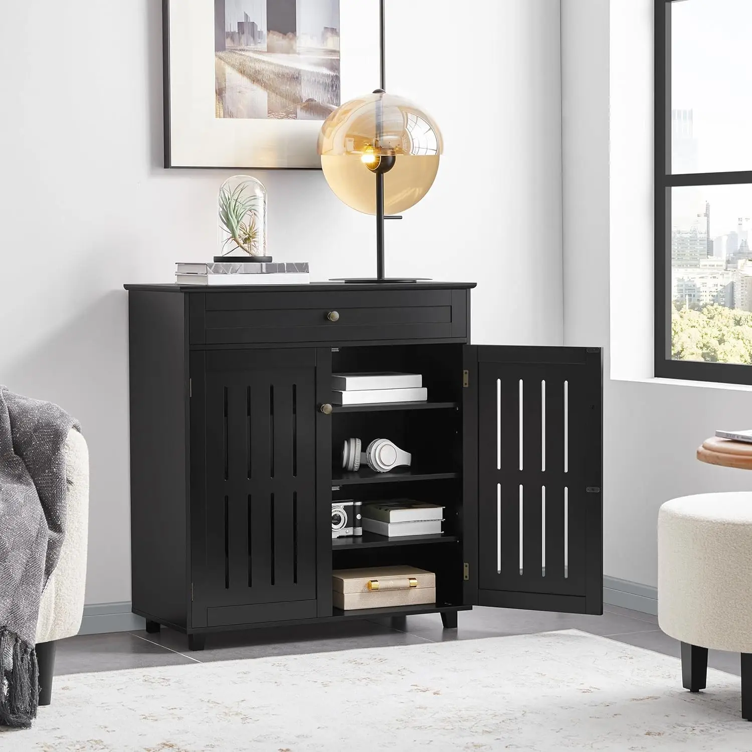 4-Tier Adjustable Shelves Wooden Shoe Cabinet Louvered Doors Black Entryway Hallway Bedroom Closet Living Room Storage Organizer