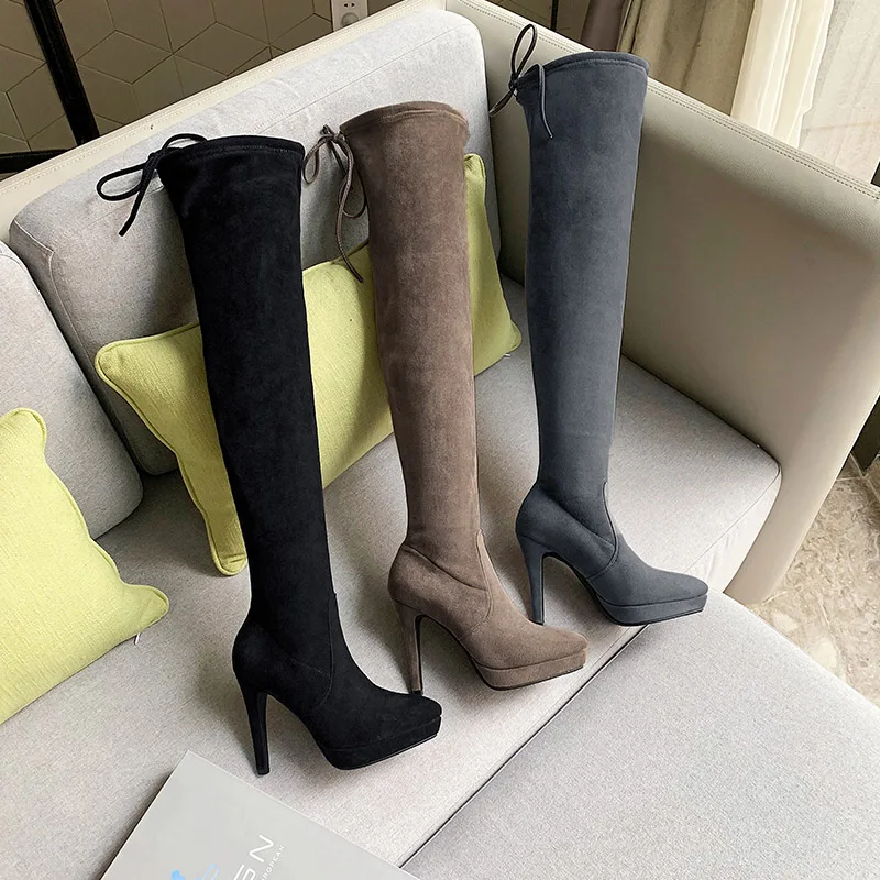 
Модные женские ботинки телесного цвета Кожаные Замшевые Зимние ботинки на шпильке большого размера 