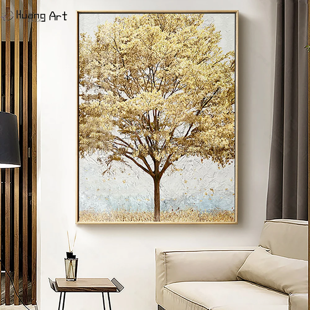 Hand Painted Golden Tree Oil Painting on Canvas Modern Abstract Rich Tree Painting for Living Room Decor Foil Gold Picture