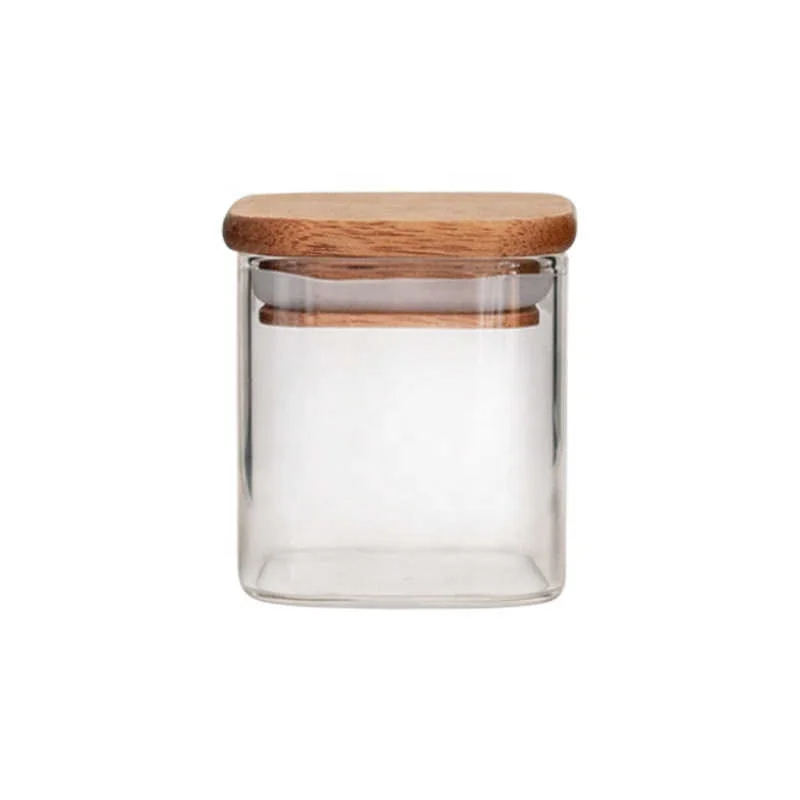 Small Capacity Mini Homestay Tea Can Square Wooden Lid Glass Storage Sealed Storage Of Grains And Coffee