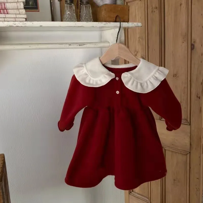 Newborn Infant Baby Girls Kids Winter spring Dress long Sleeve with fleece Ins plaid shirt baby girls party wear dress princess