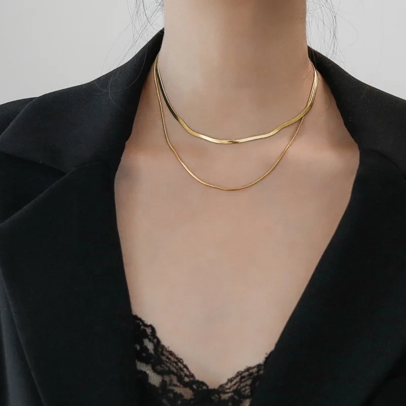 Trendy Multi Layered Stainless Steel 18K Gold Filled Snake Bone Chain Necklace Women