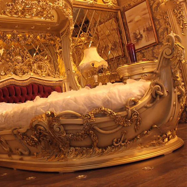 Castle Wooden Boat Round Bed Carved Wood Indian style Gold Antique Twin Bedroom furniture Luxury Baroque Super King Size Beds