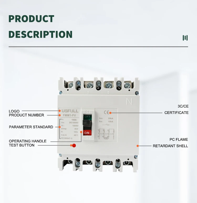 USFULL DC MCCB Molded case circuit breaker 125A 200A 250A 2P 4P 500V 1000V for solar photovoltaic system