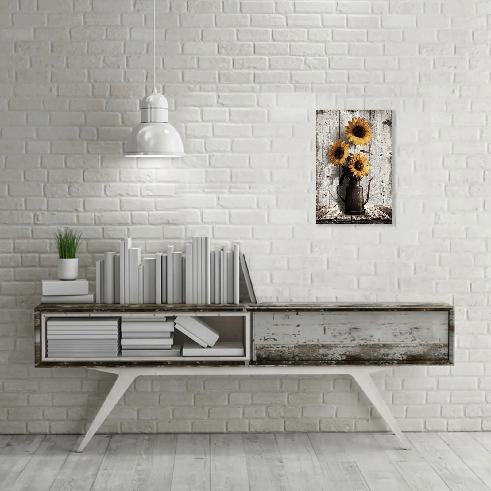 Wood Grain Framed Rustic Farmhouse Yellow Flower Acrylic Painting of Sunflower