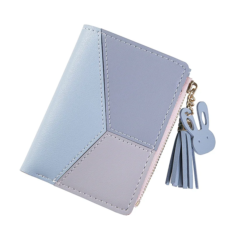 New Korean Short Ladies Zipper Color Matching PU Wallet Cute Rabbit Tassel Pendant Leather Coin Purse Card Bag