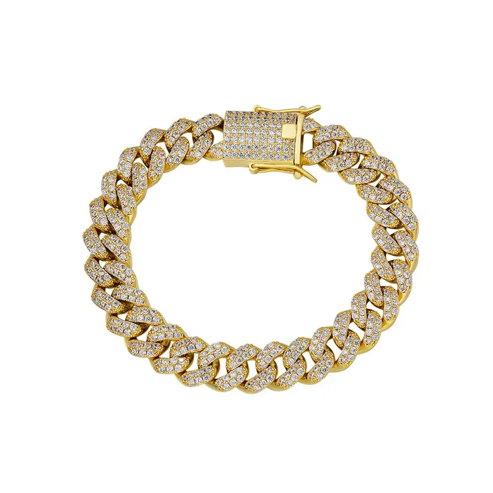 2024 Custom Hip Hop Jewelry 14k Gold Plated Full Cuban Zircon 925 Sterling Silver Bracelet For Unisex