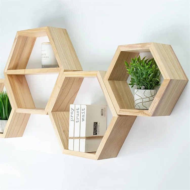 High quality extra large 4 pcs paulownia wood hexagon wall shelf honeycomb wooden floating shelves