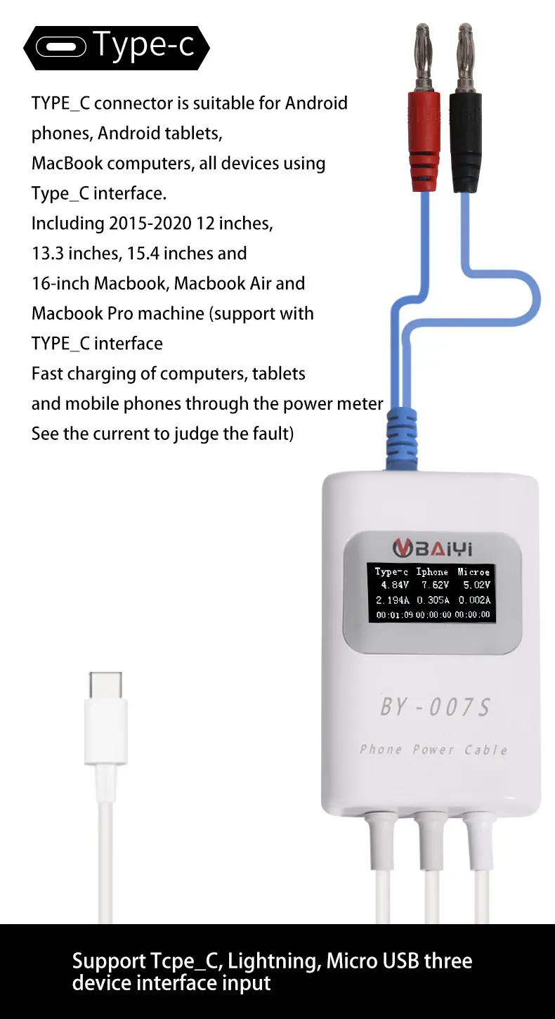 BY-007S Smart Charging Detect Cable Fast-Charging Type C Lightning Micro USB with Three Device Interface