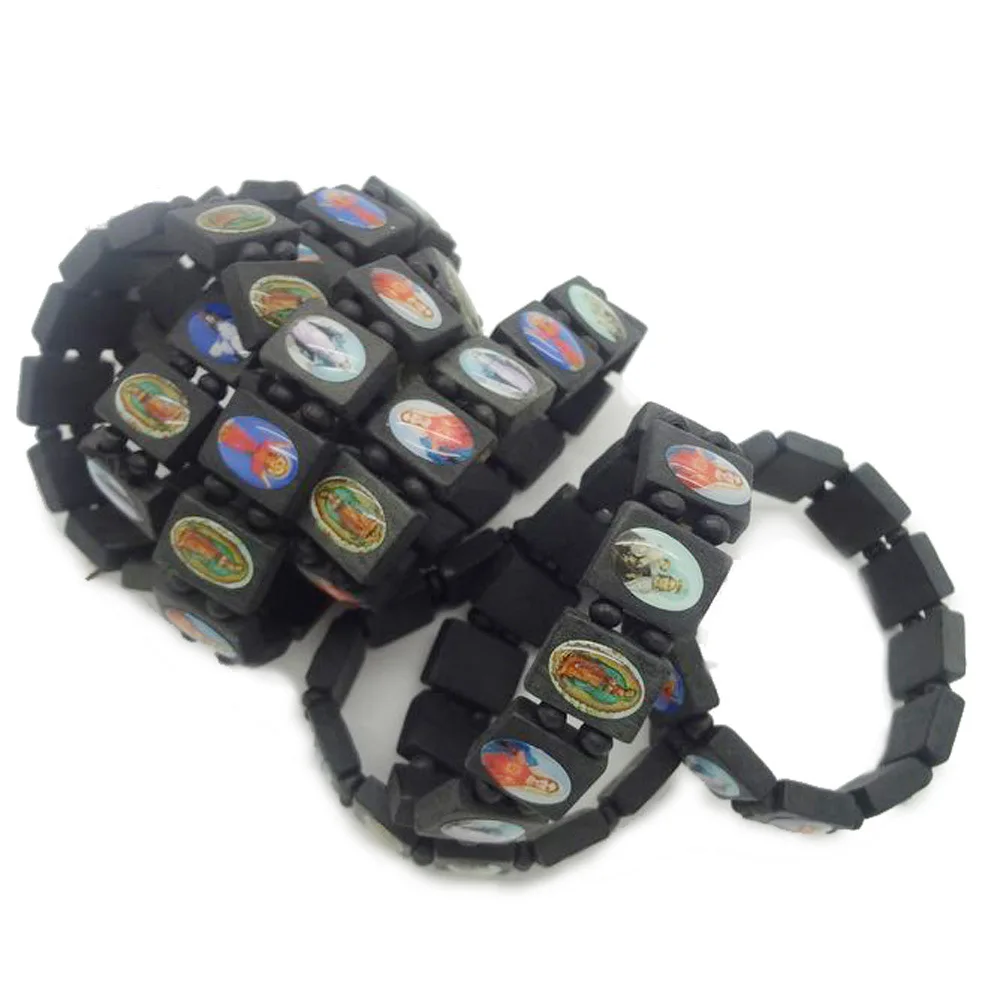 Religious Catholic Jewelry Christian Supplies Wooden Icon Elastic Rosary Bracelet