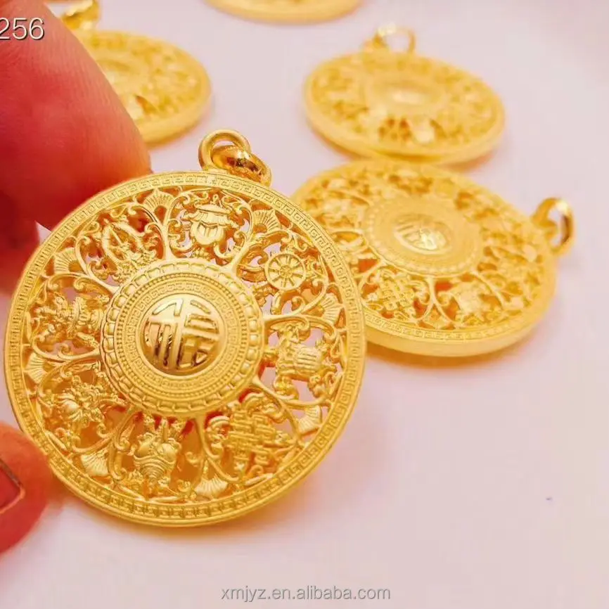 Brass Gold-Plated Ancient Buddha Heritage Hollow Eight-Treasure Jewelry Fu Character Ten Thousand-Character Pendant Live