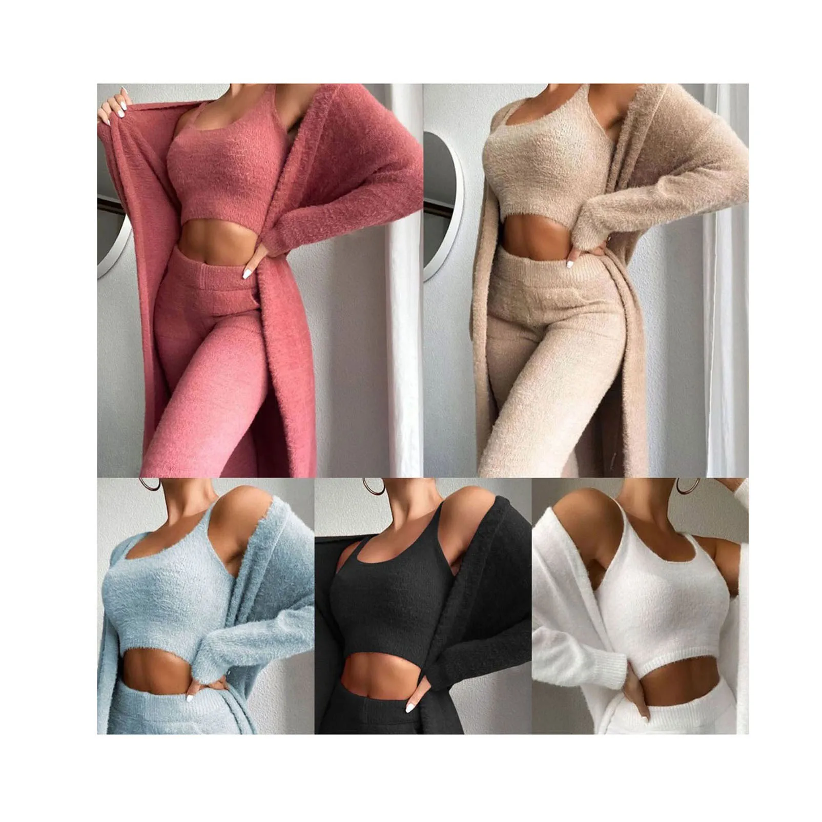 Fall Lounge Wear Fuzzy Ladies Three Piece Pant Sets Women Outfit Top And Pants With Long Coat 3 Pieces Pants Set Outfits