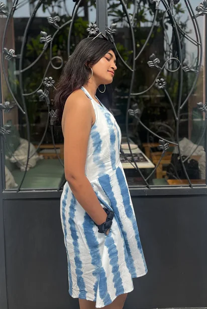 Blue Stripe Halter Neck Cotton Casual Dress Indigo Shibori customized fit offers versatility and style for any occasion