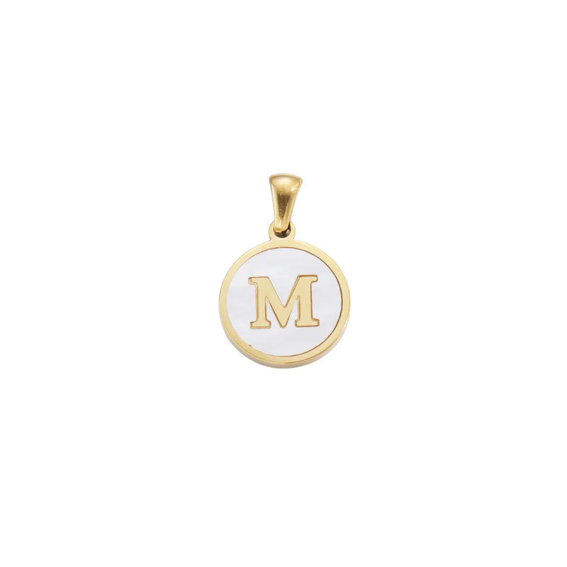 Stainless steel 18k gold plated natural mother of pearl shell coin shape A-Z alphabet letter initial pendant necklace For Women