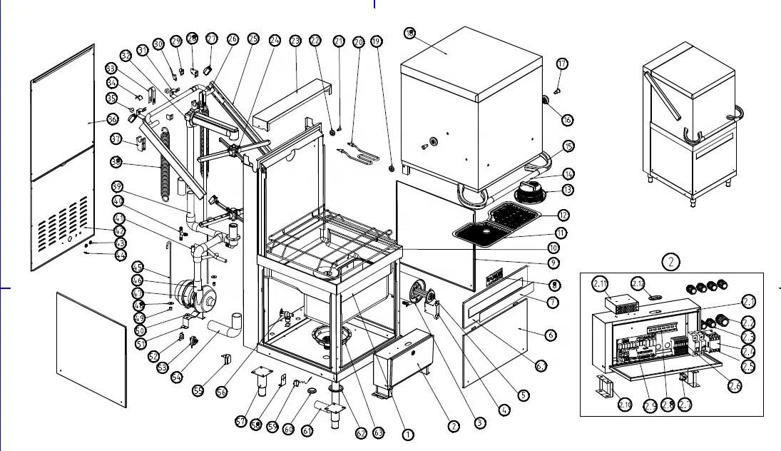 Dishwasher With Drain Pump, Break Tank, Rinse Booster Pump And Added Chemical Pumps