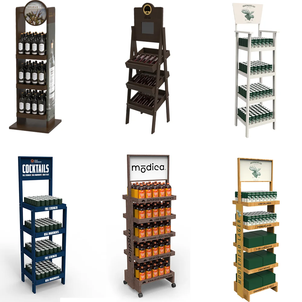 Hot Selling Modern Wooden Wine Display Shelf Floor Stand and Rack Customizable Logos for Store Display Stands