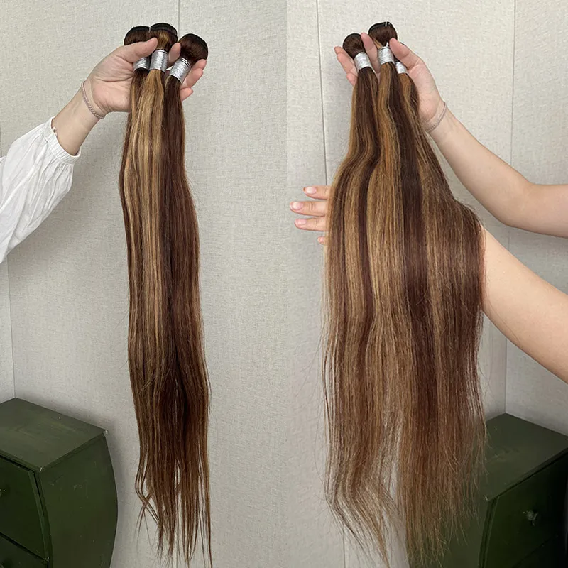 P4/27 Piano Highlight 100g Body Wave Bone Straight Brazilian Double Drawn Mixed Color raw Human Hair Weave Bundle with closure
