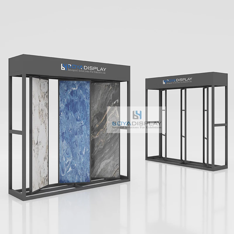 Boya Custom Size Logo Three-Sided Rotation Freestanding Metal Design Stone Slab Tile Display Rack With Led Light