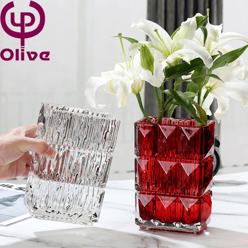 Thickened Murano glass vase 3d printed vase square finely engraved glass transparent water flower vase table home decoration
