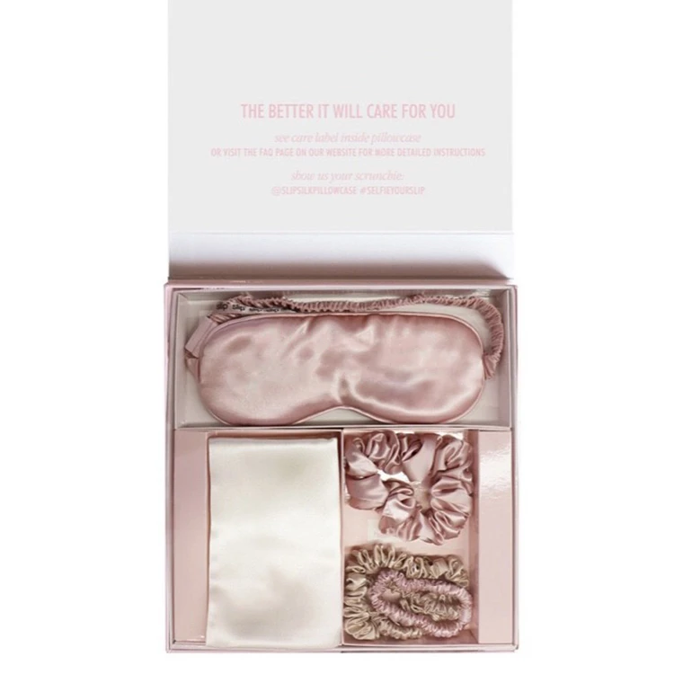 Custom logo pure silk pillowcase scrunchie with box hair tie 100% mulberry silk sleep eye mask and pillow case set