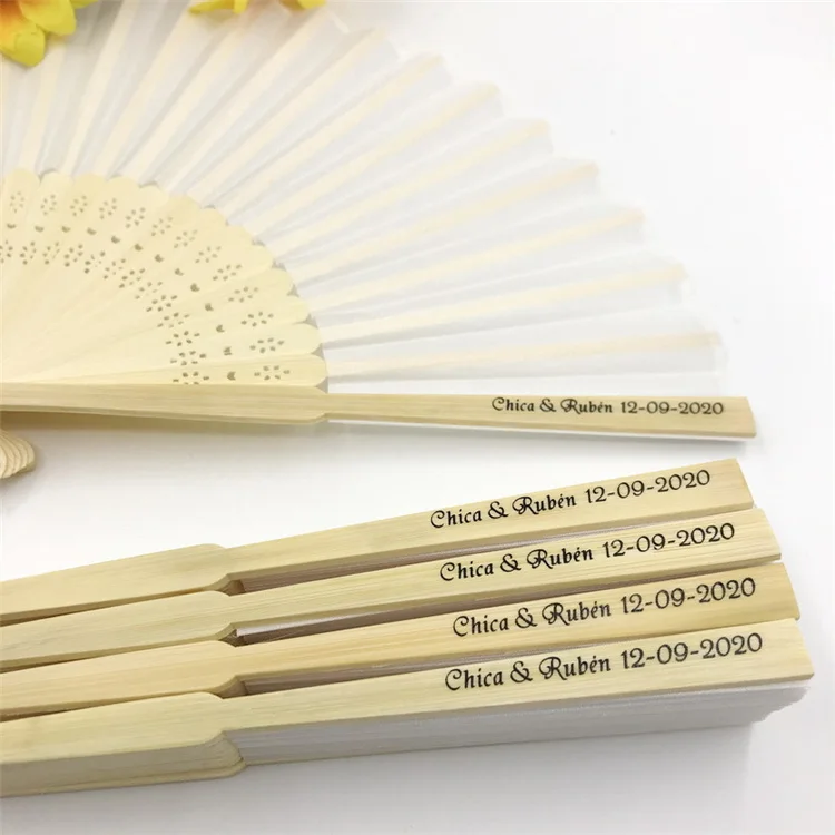 Custom Date Name Logo Wedding Fan Gift Portable Chinese Bamboo Hand Fan Painting White Color Silk Held Folding Paper Fan