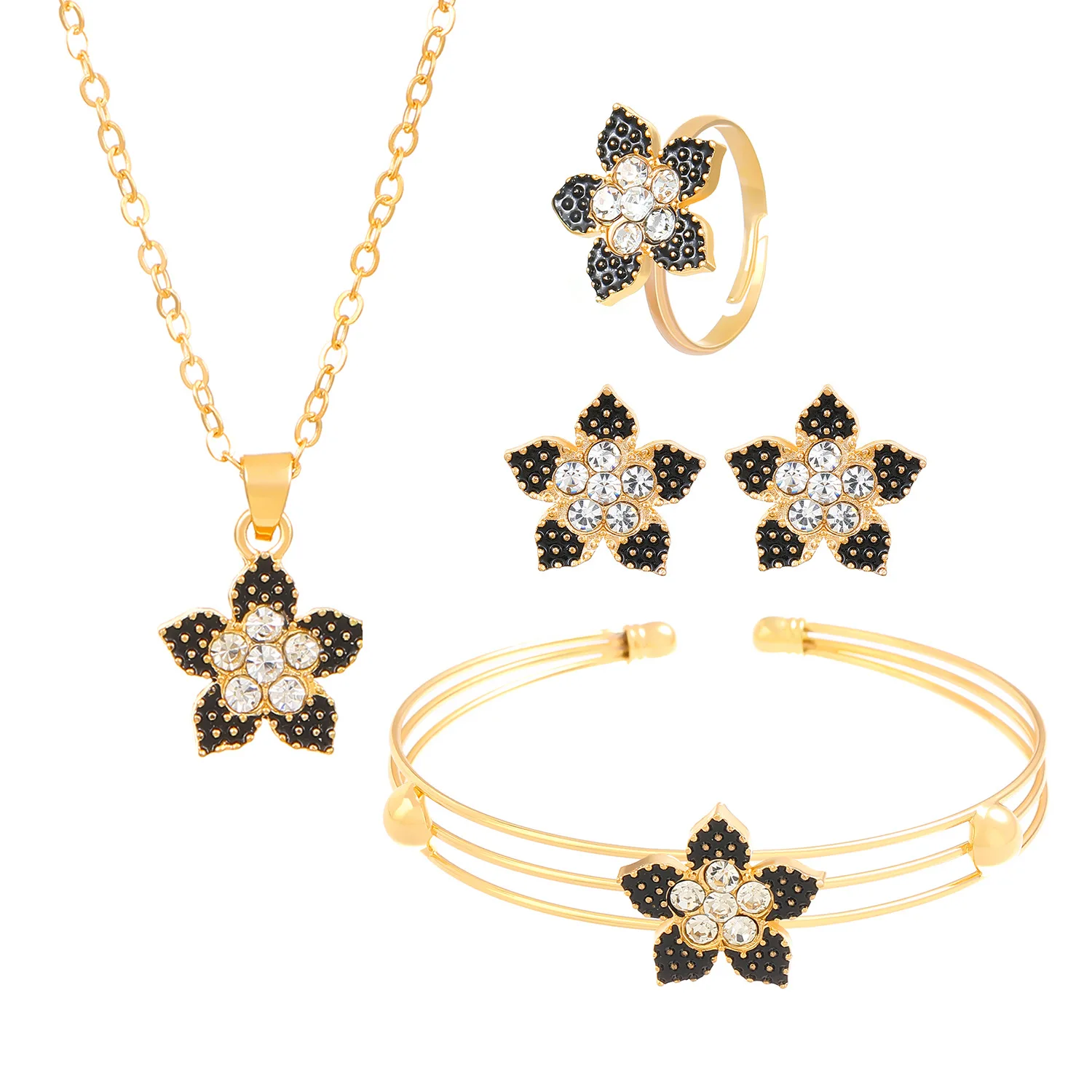 European and American Hot Selling Punk Necklace Set Diamond Flower Necklace Earrings Exquisite Four-piece Set Dubai Gold Jewelry