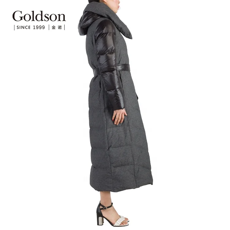 Ladies belt long down parka yarn dyed fabric fashion women winter down jacket