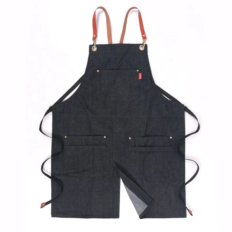 CHANGRONG Black denim work Split Leg apron for barista restaurant gardening custom logo