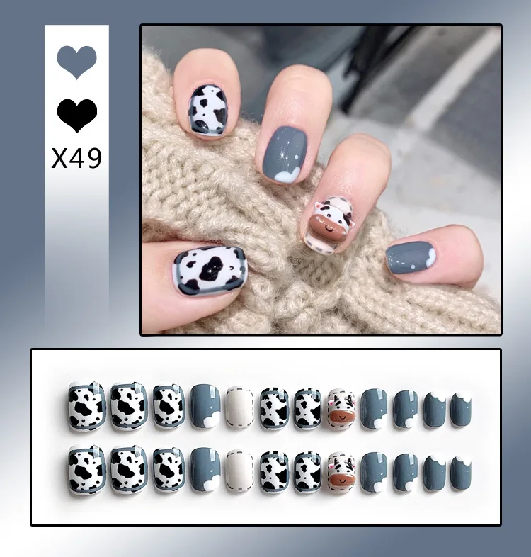 X46 24 pieces package of fake nails, gentle bean paste bow, removable and reusable nail art press on nails
