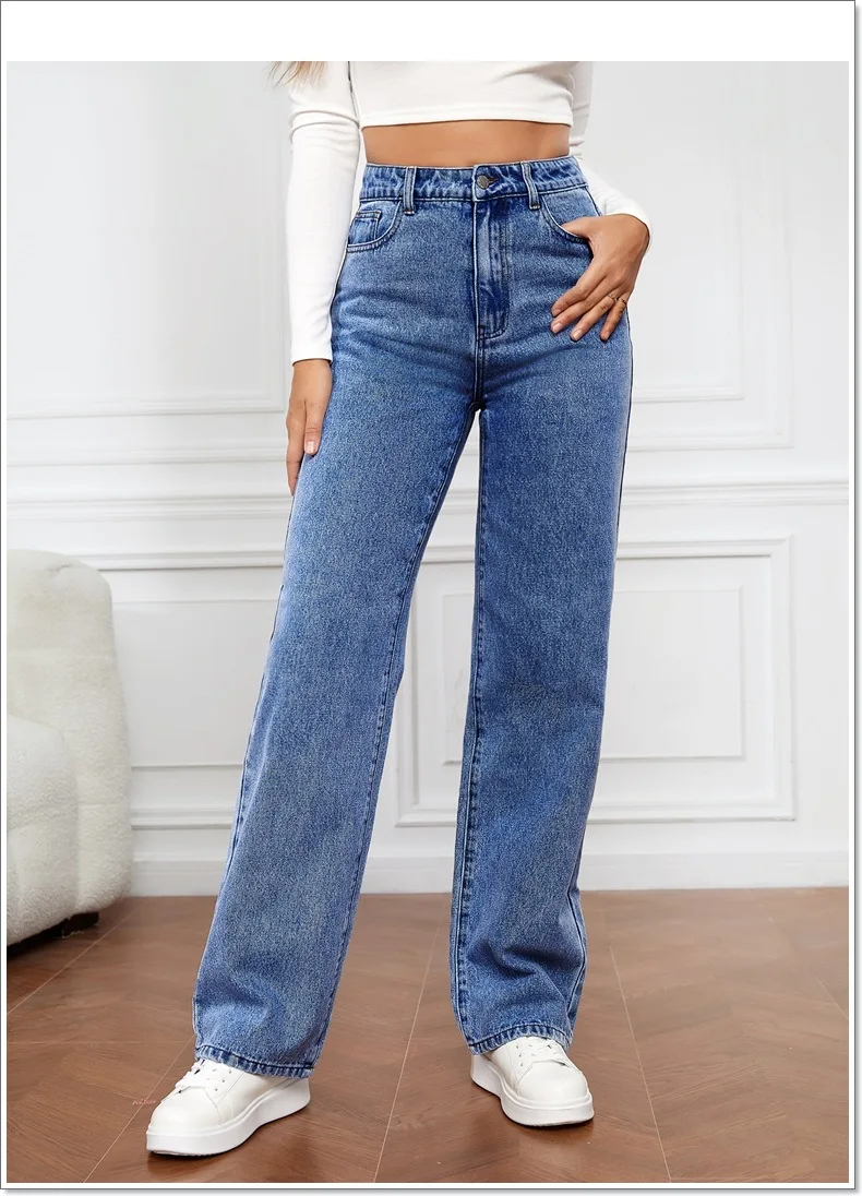 High Street women baggy jeans trousers high rise multi pockets faded washed denim wide leg cargo jeans
