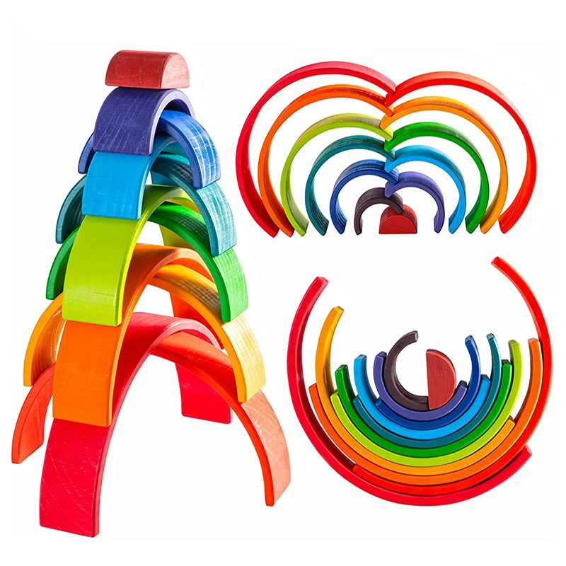 Montessori Wooden Arch Building Rainbow Stacking Educational Nesting Puzzle Blocks Learning Toys for Kids Age Group 3Y+