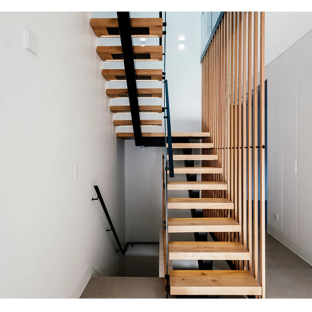 Mono Stringer Beam Steel Stairs House Basement Stone Step Staircases Prefab Led Light Wood Stair