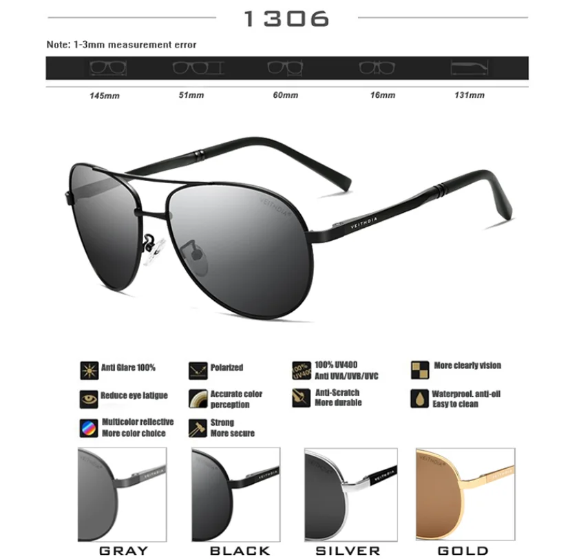 Veithdia Brand Designer Pilot Sun Glasses Male Driving Polarized Sunglasses Men