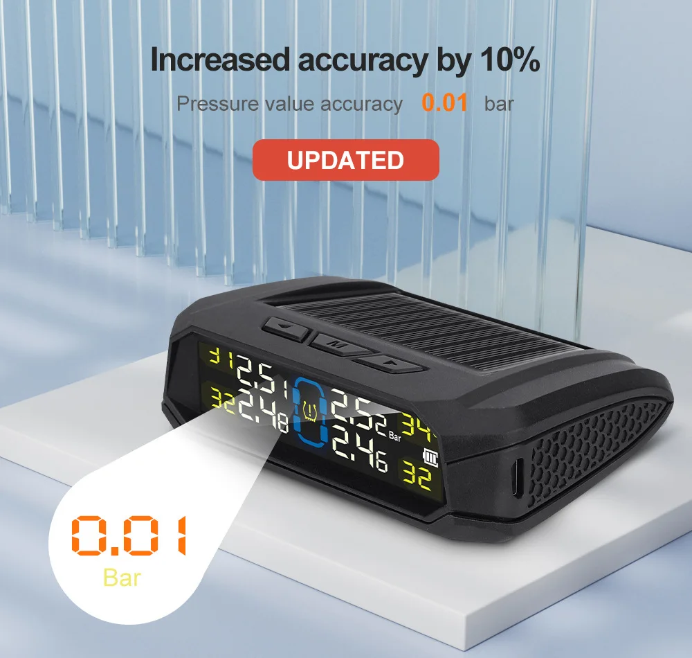 Car TPMS Tire Pressure Monitoring System Solar Charging HD Digital LCD Display Auto Alarms Wireless External Sensors TPMS