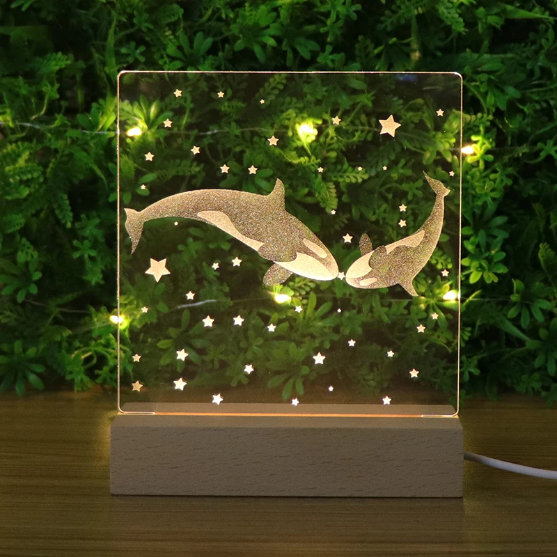 New Design For Child Acrylic Carved Inside 3D Wooden Night Light LED Base With USB Charge Mood Lamp