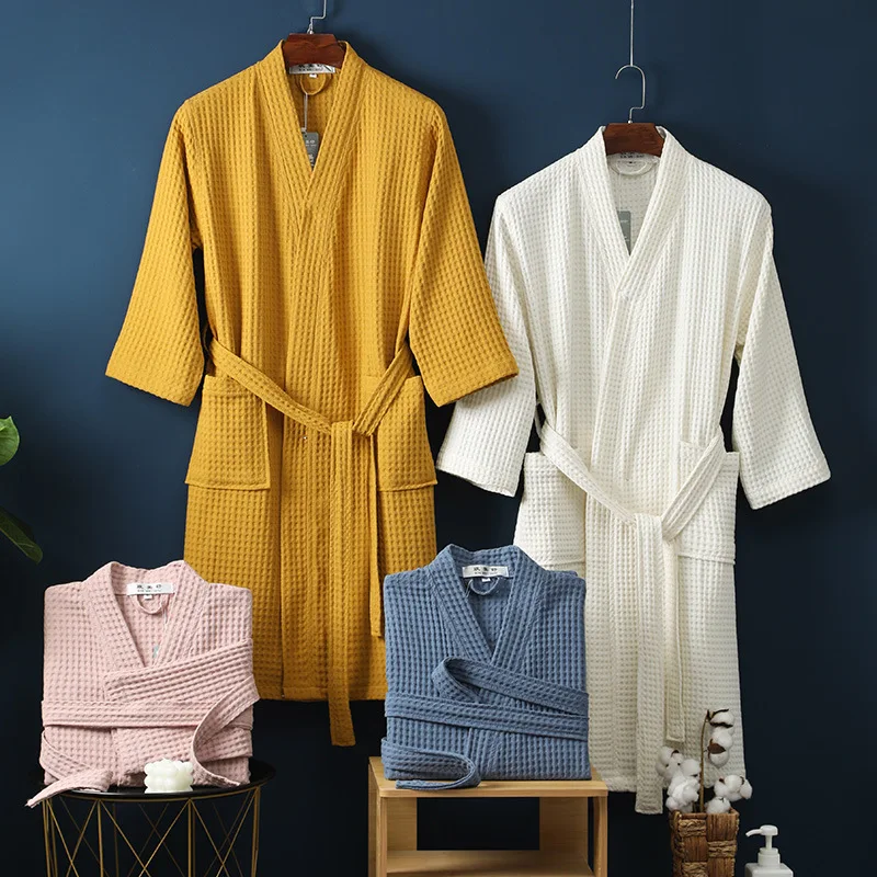 Custom Logo Summer Kimono Bright Color Knee Length Dressing Gown Hotel Spa Wholesale Waffle Soft Breathable Cotton Bathrobe