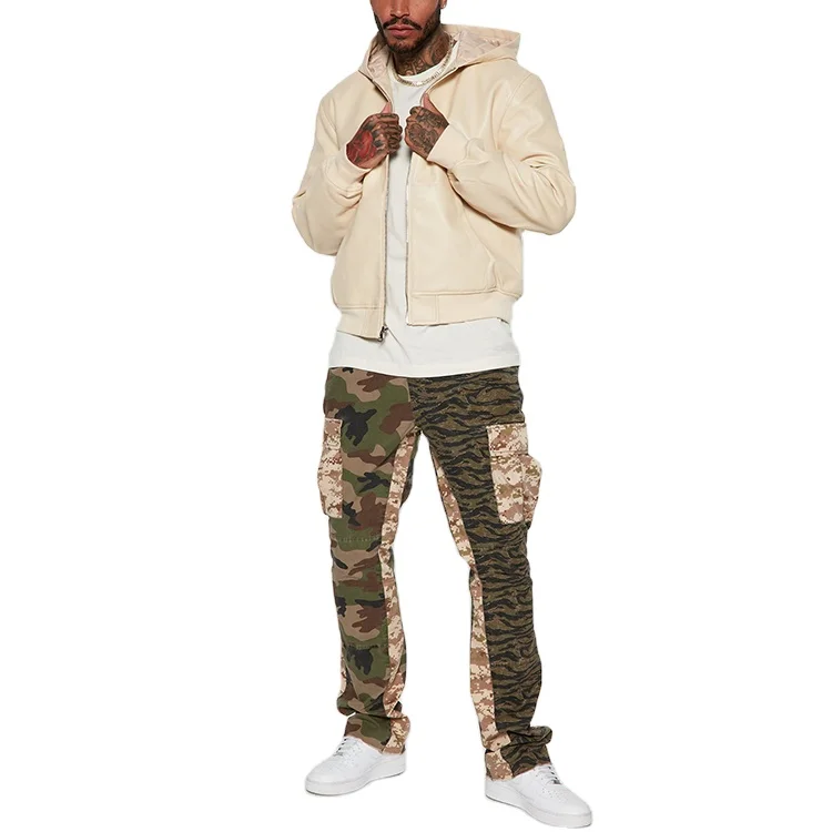 Beige Custom Men Faux Leather Full Zip Hooded Jacket Man