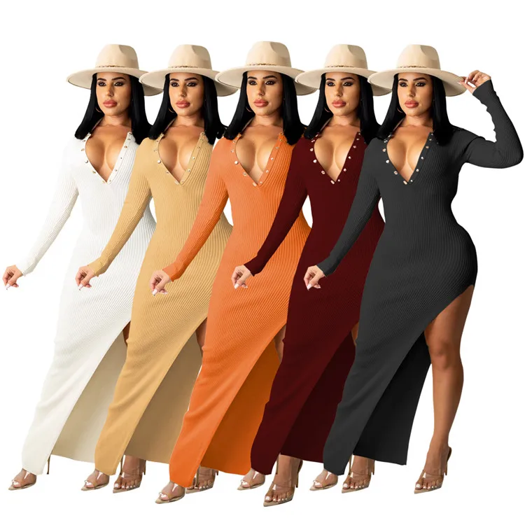 2022 Hot Sale Sexy Ladies Maxi Dress Long Sleeve Backless Slit Ribbed Fall Women Bodycon Dresses