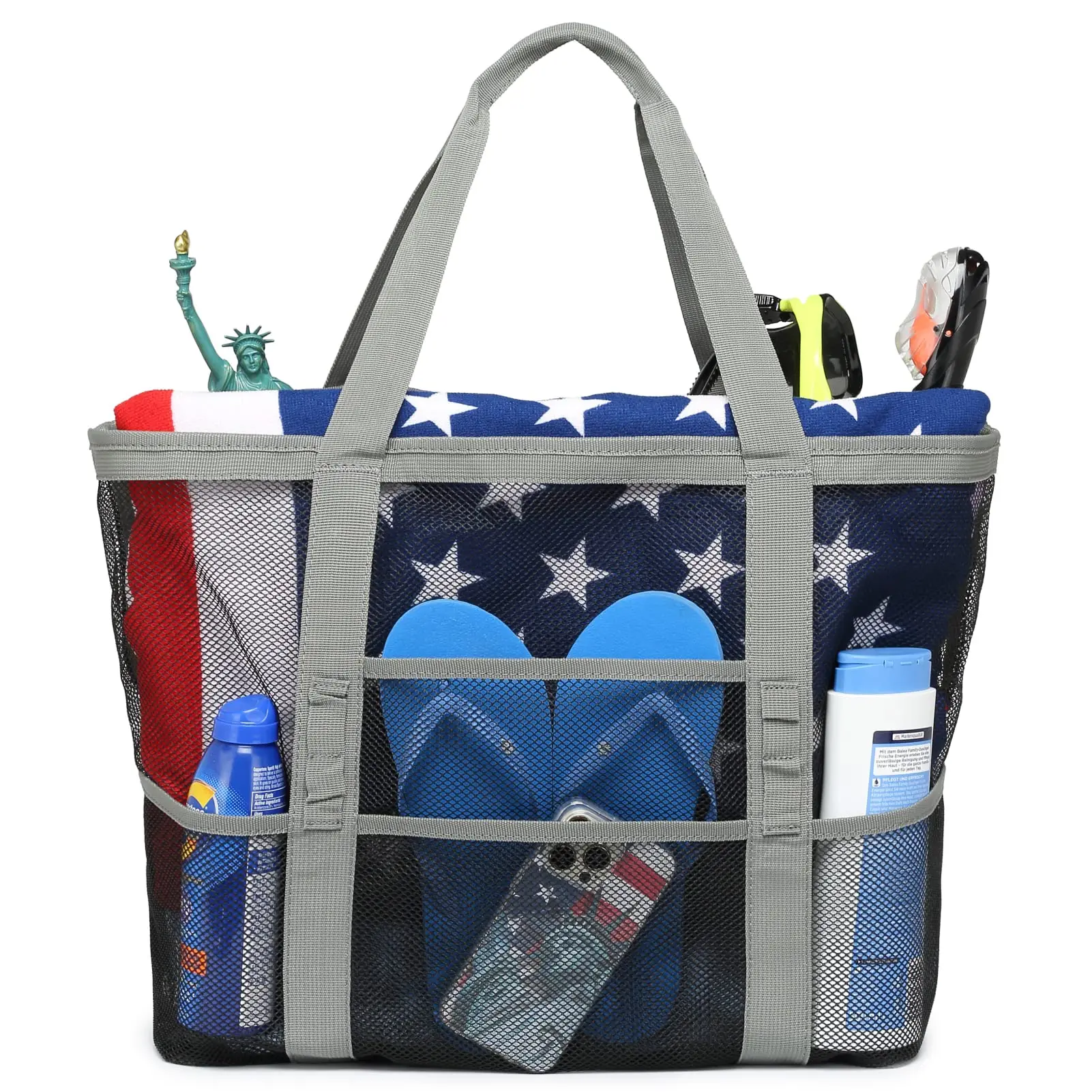 Custom Large Lightweight Mesh Beach Bag Oversized Beach Tote 9 Pockets Beach Tote Storage Bag