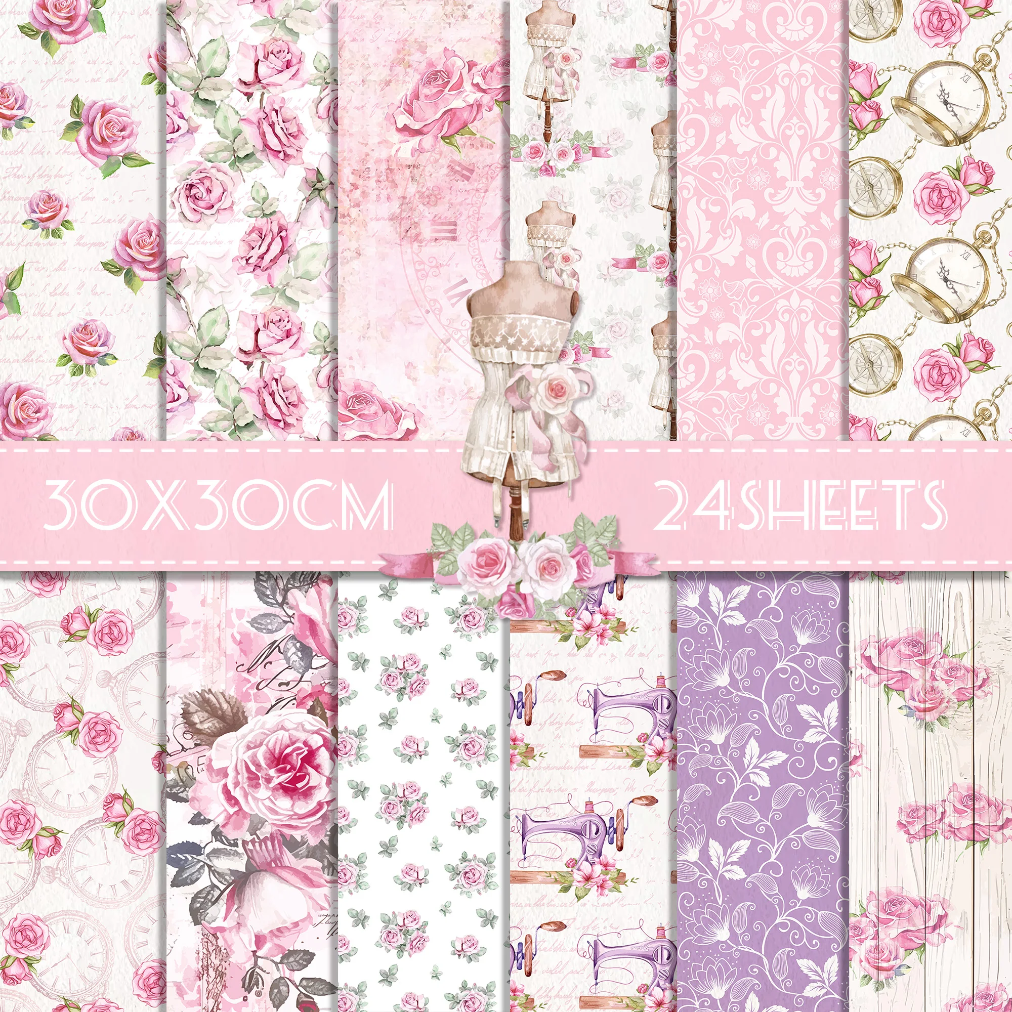 WW138 Pink Rose Pattern Scrapbook Paper Spring Flower DIY Craft Paper For Girls Birthday Wedding Party Background Decors