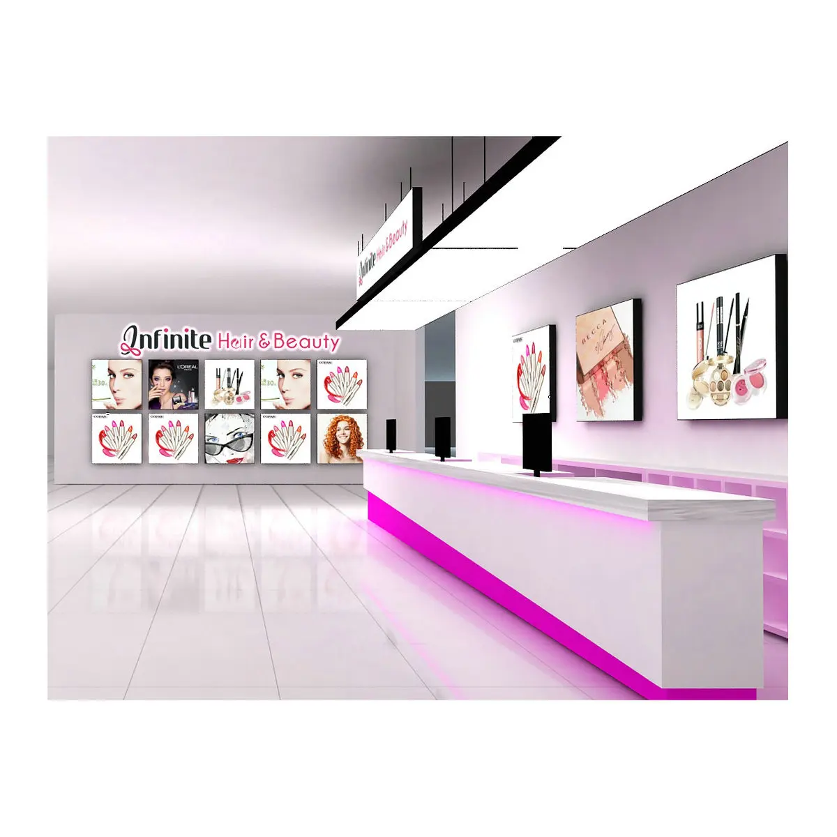 Modern Cashier Table Custom  office front desk background wall display racks designing  led light Display Racks For Shops