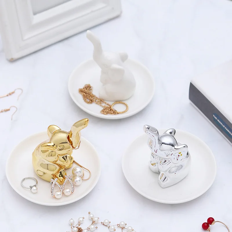 Lovely Elephant Dish Rose Gold Kitty Table Decor Stand Ring Holder Ceramic Jewelry Tray Trinket