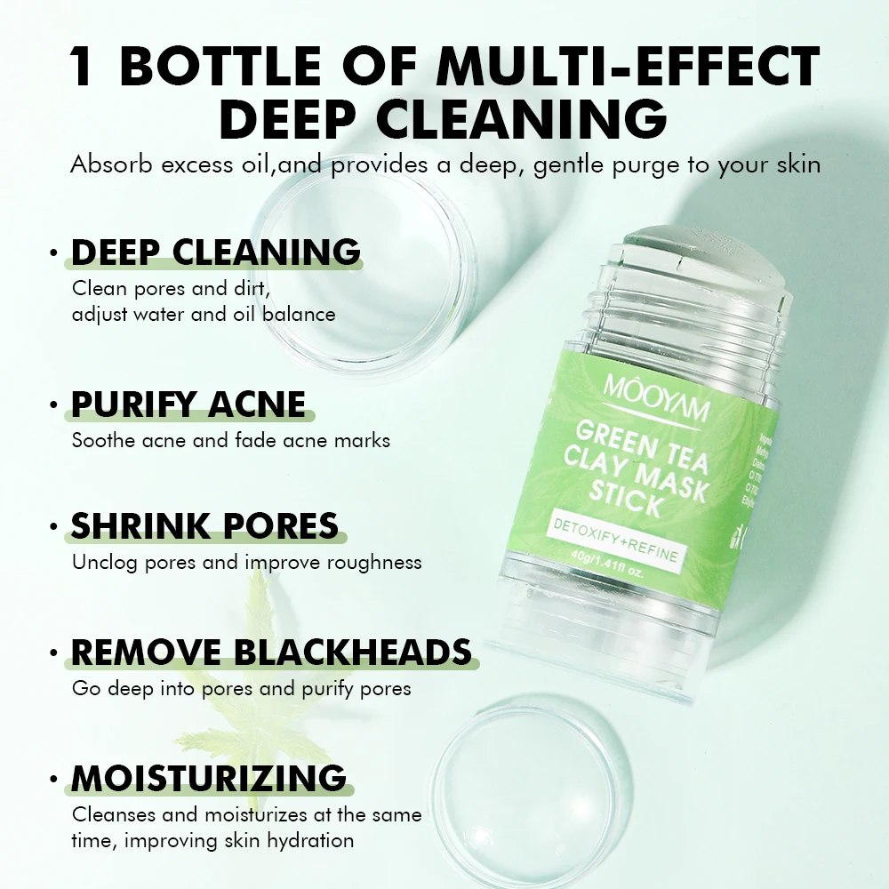 Low MOQ 40g Natural Plant Extracts Clay Mud Face Mask Skin Care Facial Mask Purifying Cleansing Green Tea Clay Mask Stick